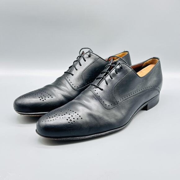 A Testoni Shoes Mens 9 Black Leather Oxford Cap Toe Brogue Slip On Dress main image 5